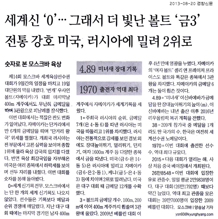 세계신 '0'… 그래서 더 빛난 볼트 '금3'